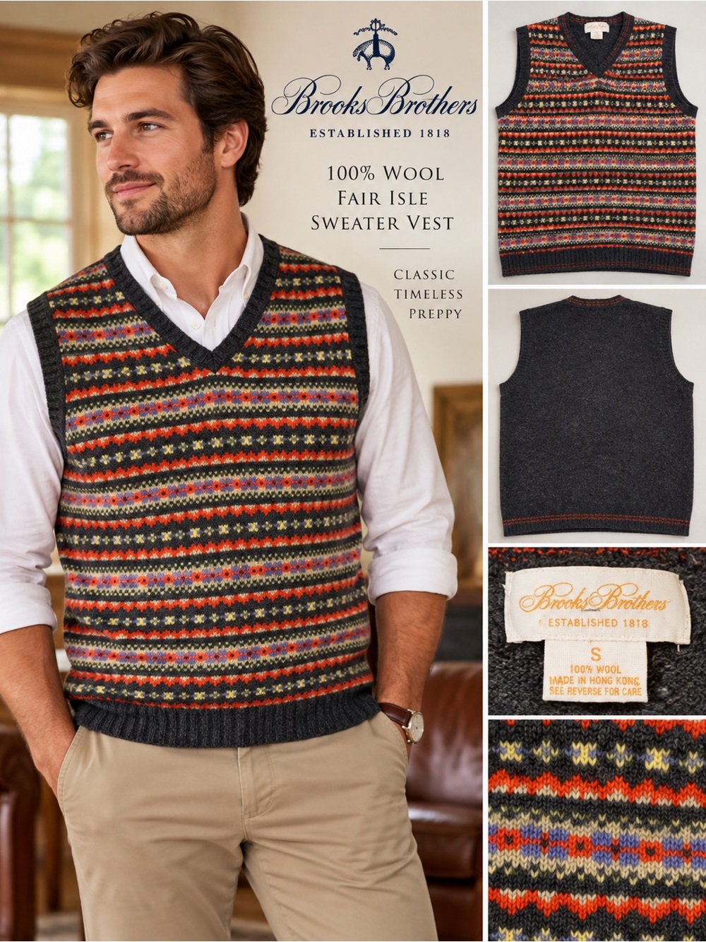 Brooks Brothers V-Neck Fair Isle Wool Vest — Charcoal Multi
